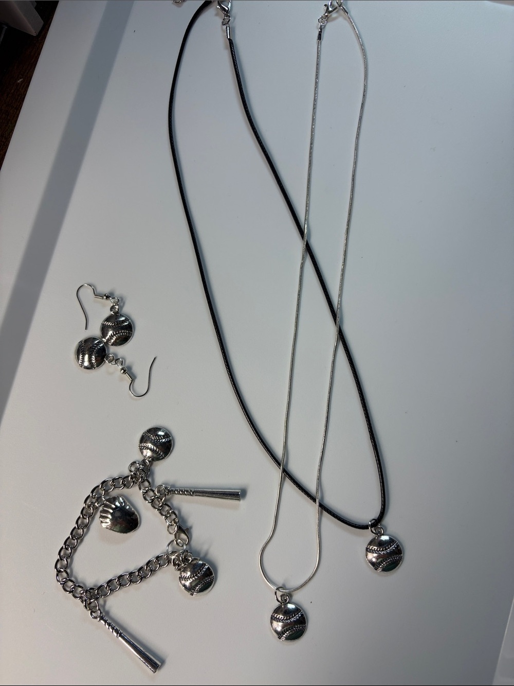 Silver Baseball Charm Necklace and Bracelet Set - Women's Jewelry
